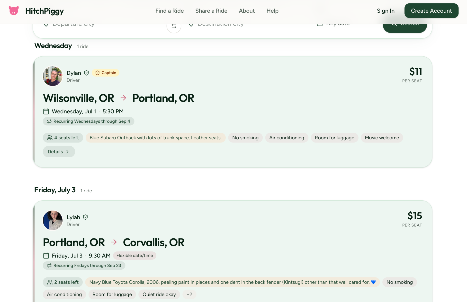 Ride listings screenshot