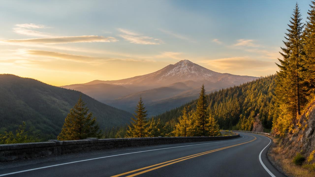 An Oregon highway winding through evergreen forest toward a mountain at golden hour.